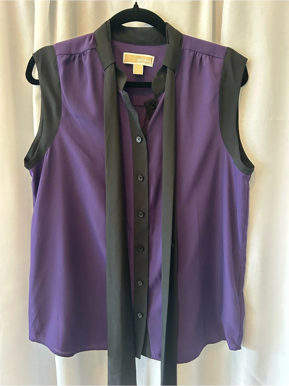 Michael Kors Purple Sleeveless Tie-Neck Blouse with Black Trim